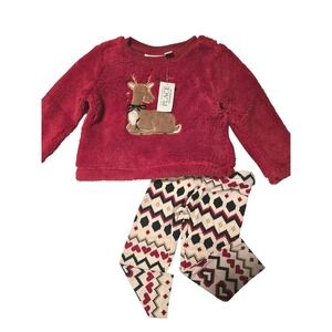 The Childrens Place Girls Red‎ Fuzzy Reindeer Pajama Set 12 18 Months